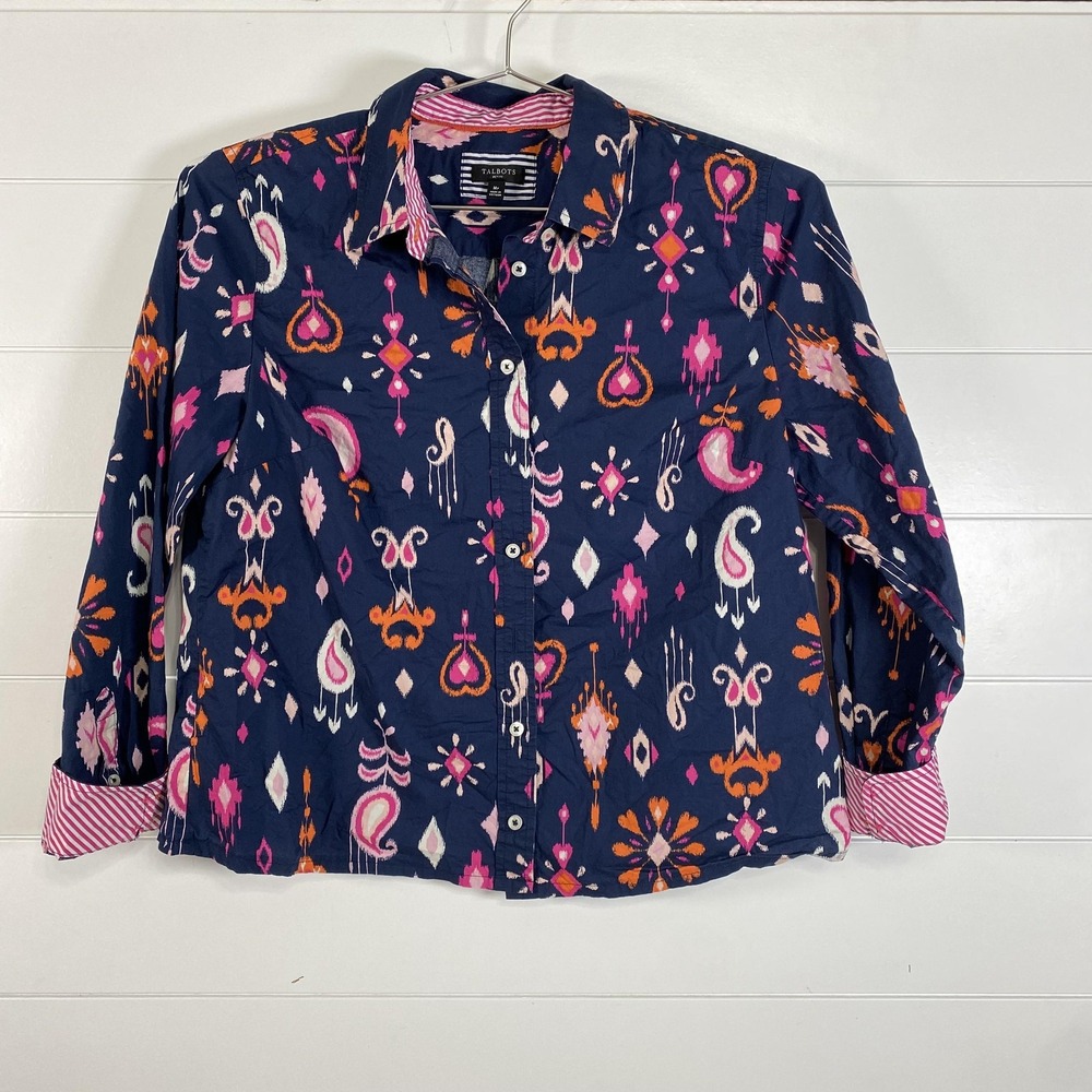 Talbots Shirt Womens Medium Petite Navy Ikat Paisley‎ Print Button Front Cotton